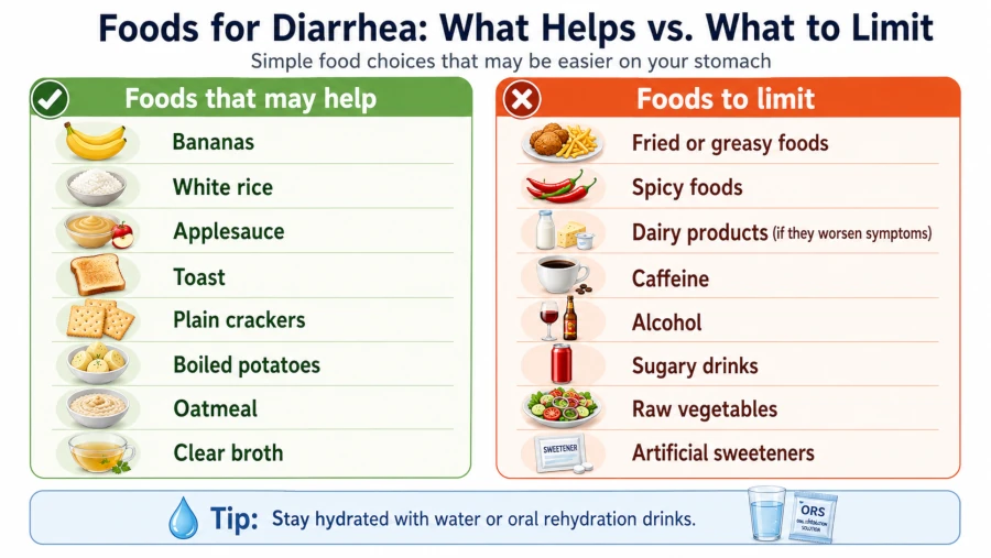 Side-by-side list of foods that help with diarrhea versus foods to limit.