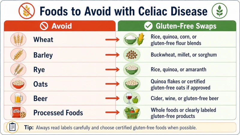Chart of foods to avoid with celiac disease — wheat, barley, rye, oats, beer, processed foods — with gluten-free swaps.
