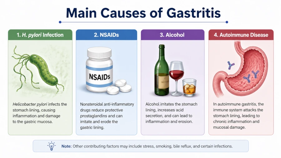 Main causes of gastritis: H. pylori, NSAIDs, alcohol, and autoimmune disease.