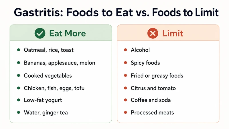 Two-column chart comparing foods to eat with gastritis versus foods to limit.