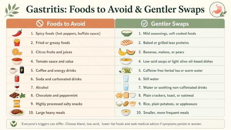 Chart comparing gastritis foods to avoid with gentler food swaps.