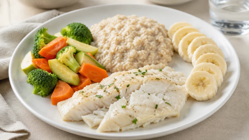 Plate of gastritis-friendly foods including cooked vegetables, lean fish, oats, and banana.