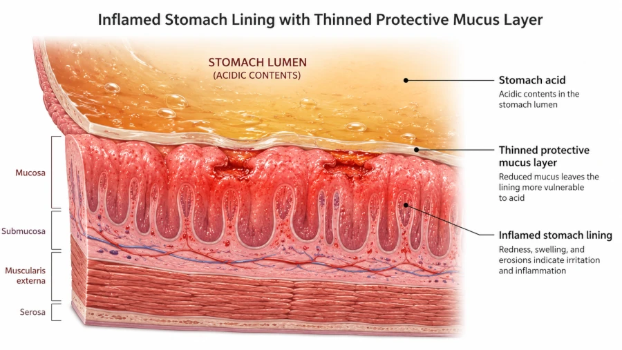 Diagram of an inflamed stomach lining with a thinned protective mucus layer.