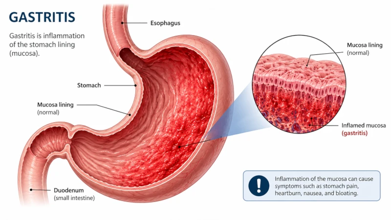Diagram of the stomach with an inflamed mucosa lining illustrating gastritis.