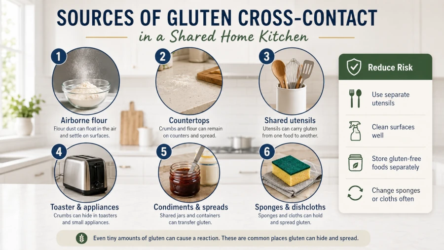 Sources of gluten cross-contact in a shared home kitchen.