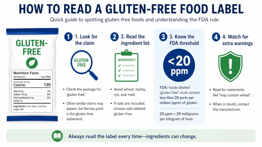 How to read a gluten-free food label, including the FDA 20 ppm threshold.