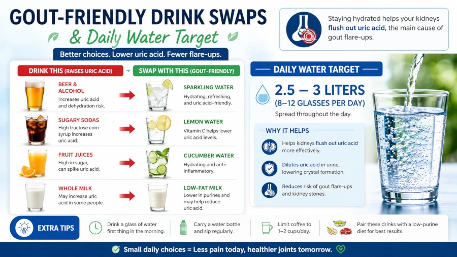 Gout-friendly drink swaps and daily water target to help flush uric acid.