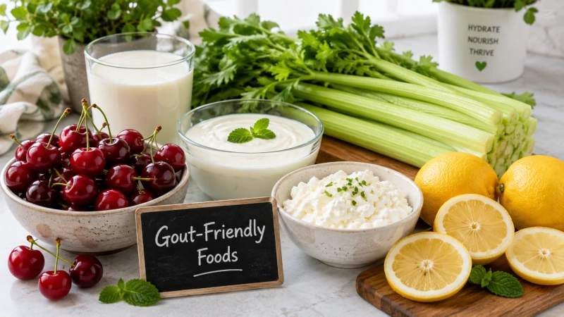 Assortment of gout friendly foods including cherries, lemons, celery, and low-fat dairy