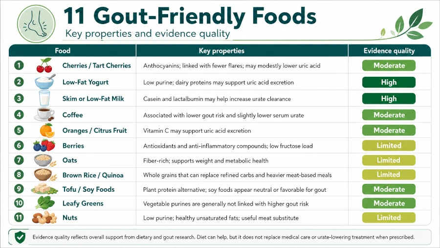 Chart showing 11 gout friendly foods with their key properties and evidence quality