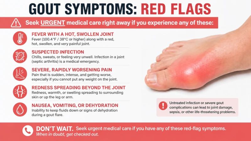 Red-flag gout symptoms that need urgent medical care, including fever with a hot swollen joint.