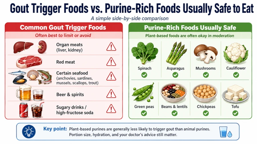 Side-by-side comparison of gout trigger foods versus purine-rich foods that are safe to eat.