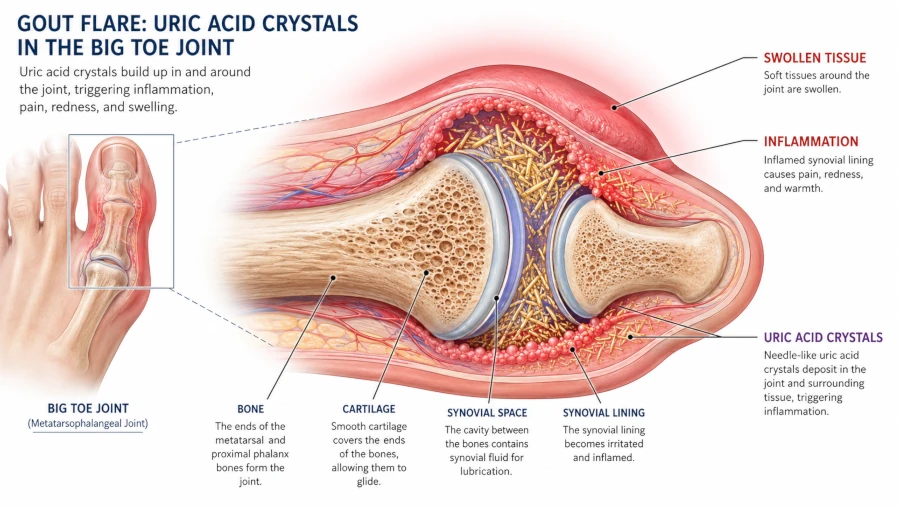 Diagram of uric acid crystals forming in the big toe joint during a gout flare.