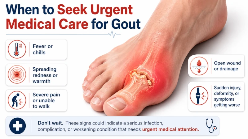 Red swollen big toe joint illustrating when to seek urgent medical care for gout