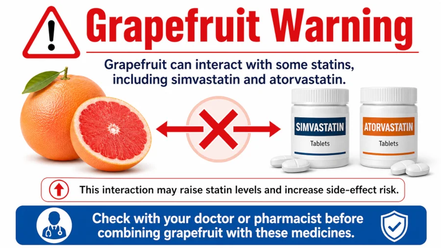 Warning graphic that grapefruit can interact with simvastatin and atorvastatin statins.