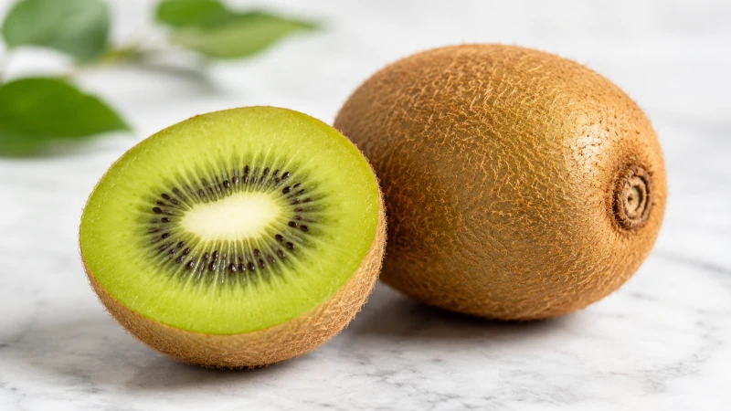 Two green kiwifruit, one cut open to show flesh — the dose used in the 2023 randomized trial for constipation