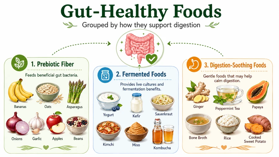 Diagram grouping gut-healthy foods into prebiotic fiber, fermented foods, and digestion-soothing foods.