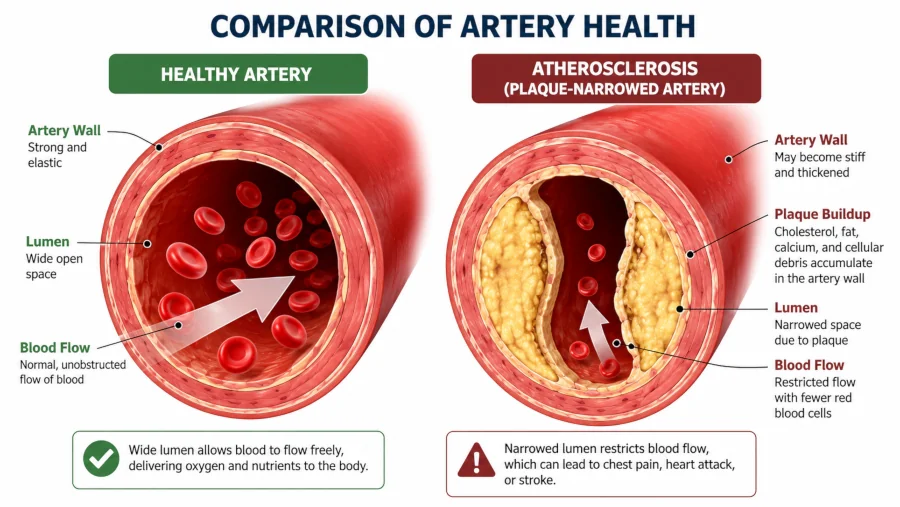Cross-section diagram comparing a healthy open artery with one narrowed by cholesterol plaque (atherosclerosis).