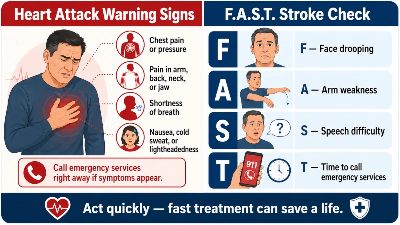 Illustration of heart attack warning signs and the F.A.S.T. stroke check.