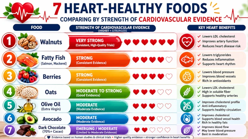 Chart comparing seven heart-healthy foods by strength of cardiovascular evidence.