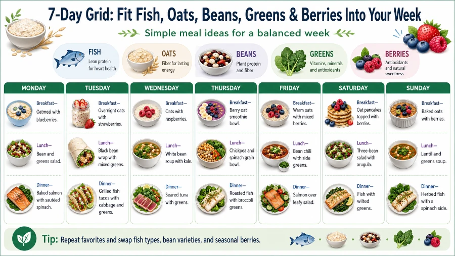 Seven-day grid showing how to fit fish, oats, beans, greens and berries into a week.