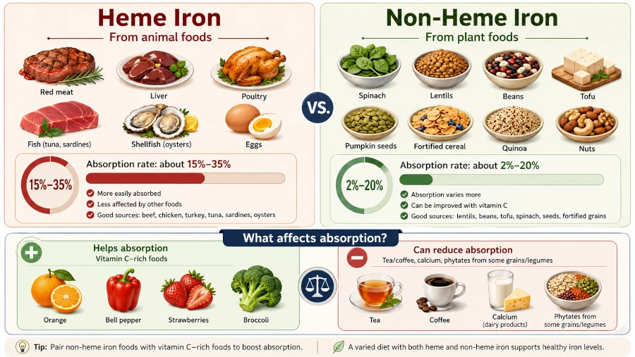 Comparison of heme iron from animal foods and non-heme iron from plant foods and absorption rates.