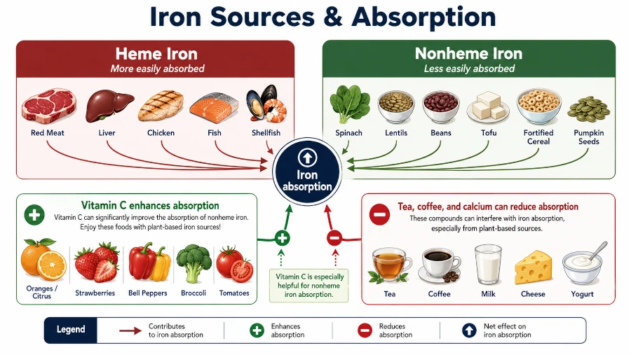 Diagram showing heme and nonheme iron sources with vitamin C as an enhancer and tea, coffee and calcium as inhibitors