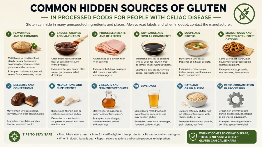 Common hidden sources of gluten in processed foods for people with celiac disease.