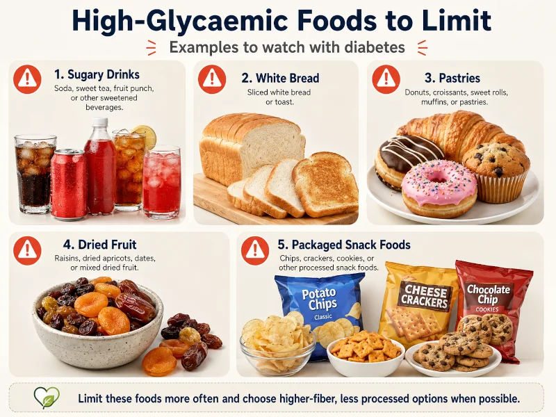 Visual guide showing high-glycaemic foods to limit with diabetes including sugary drinks, white bread, pastries, dried fruit, and packaged snack foods.