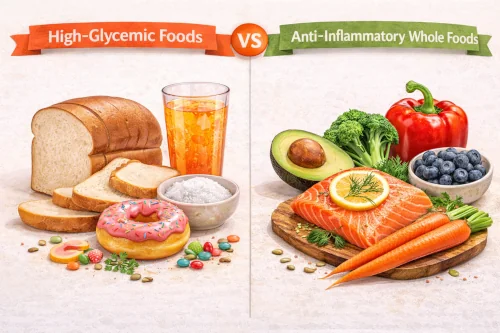 Side-by-side comparison of high-glycemic foods like white bread and sugary drinks versus anti-inflammatory whole foods.