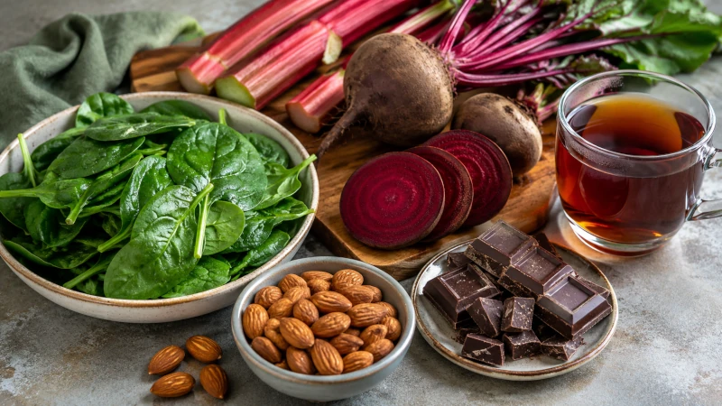 Arranged display of high-oxalate foods including spinach, rhubarb, beets, almonds, dark chocolate, and black tea.