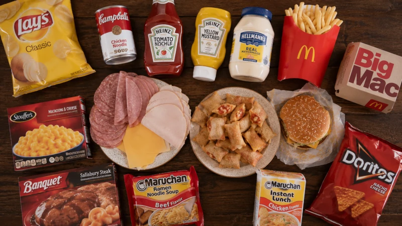 Overhead shot of common high-sodium processed foods that cause kidney stones: canned soup, deli meat, fast food packaging, condiment bottles.