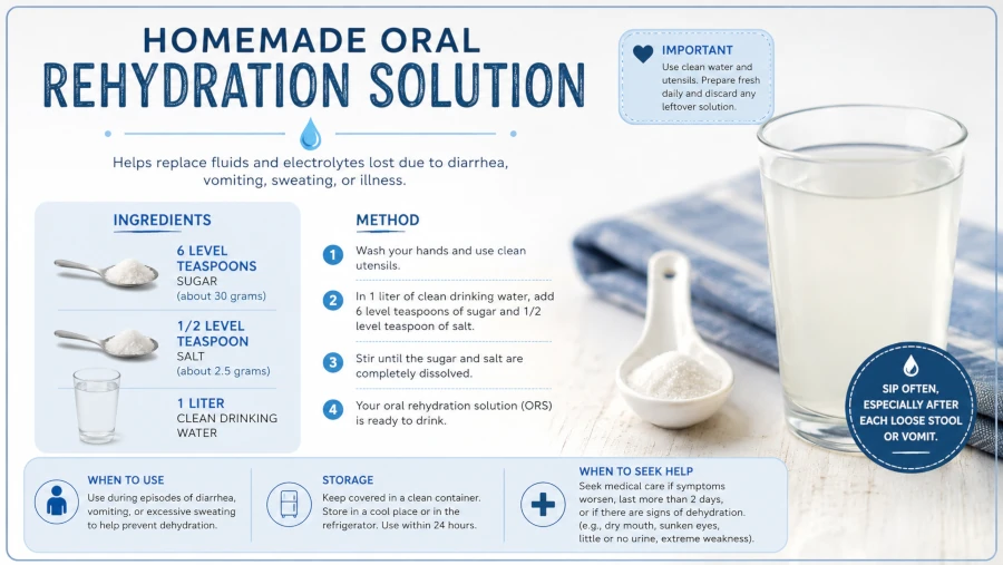 Recipe card for a homemade oral rehydration solution with measured sugar and salt.