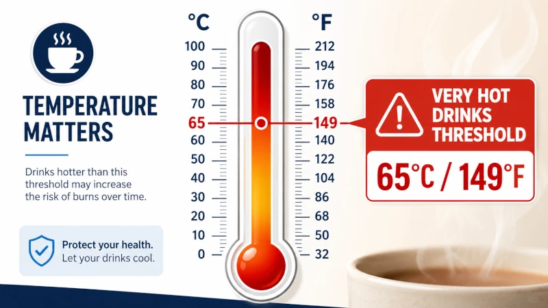 Thermometer graphic marking 65 degrees Celsius / 149 degrees Fahrenheit as the threshold for very hot drinks.