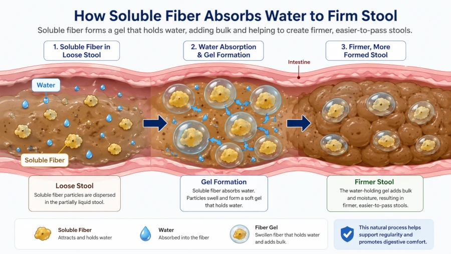 Diagram showing soluble fiber absorbing water in the intestine to firm up stool.