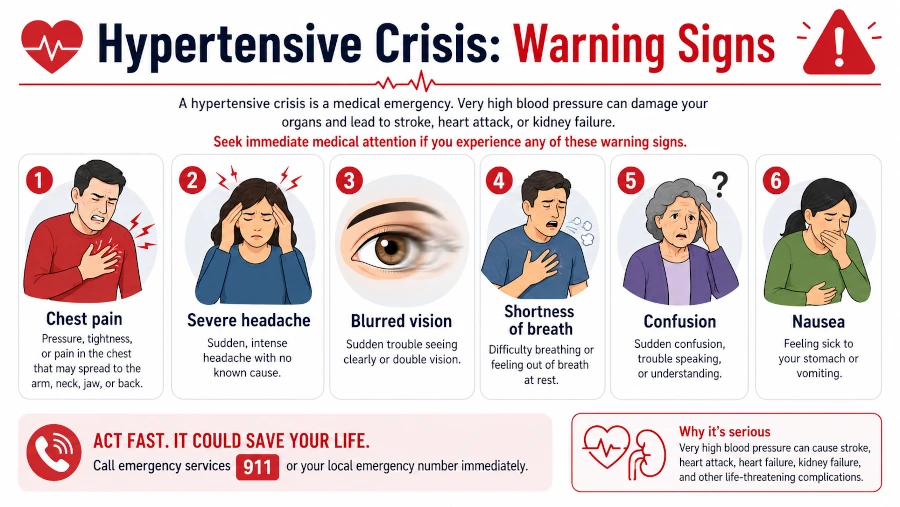 Illustrated list of hypertensive crisis warning signs including chest pain, severe headache, and blurred vision.
