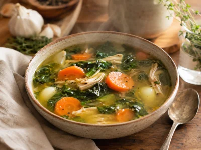 A bowl of homemade chicken broth with garlic, carrots, and leafy greens — a warm, hydrating meal during cold and flu illness.