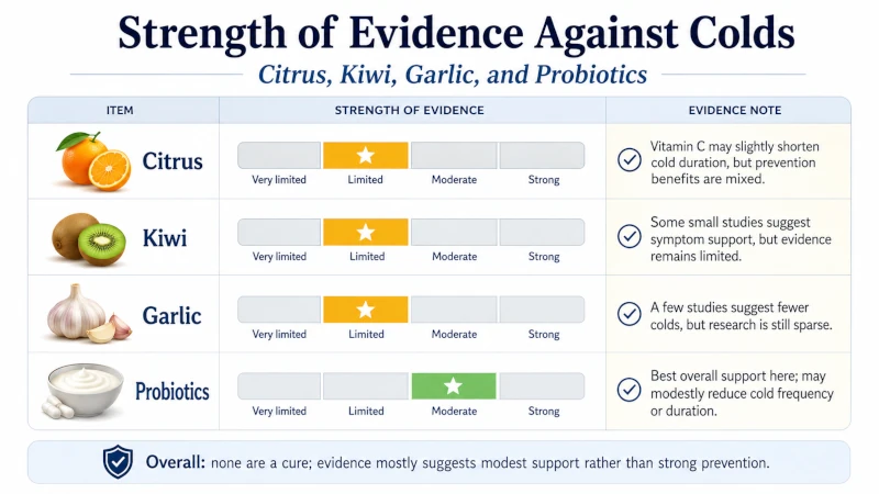 Chart rating the strength of evidence for citrus, kiwi, garlic and probiotics against colds.