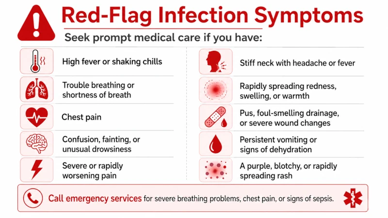 List of red-flag infection symptoms that warrant prompt medical care.