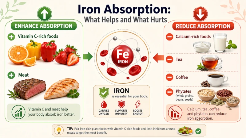 Vitamin C and meat enhance iron absorption while calcium, tea, coffee, and phytates reduce it.