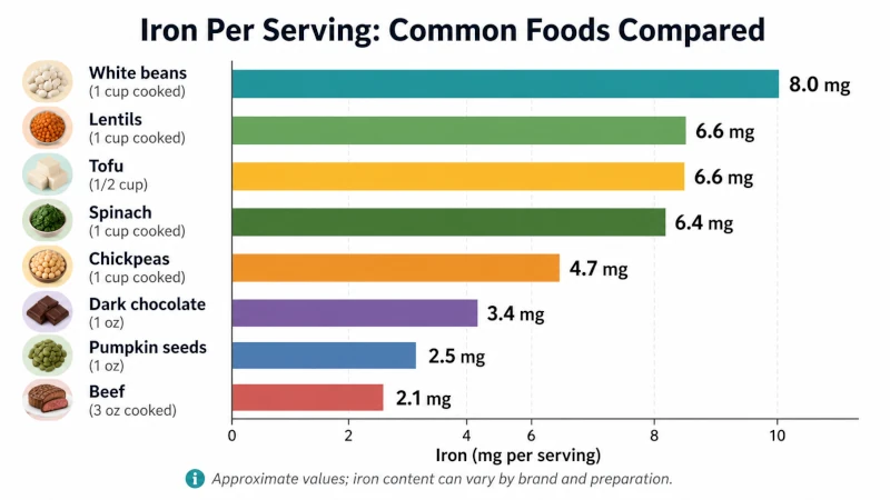 Bar chart comparing the foods for healthy blood and iron per serving in white beans, lentils, tofu, spinach, beef and other foods