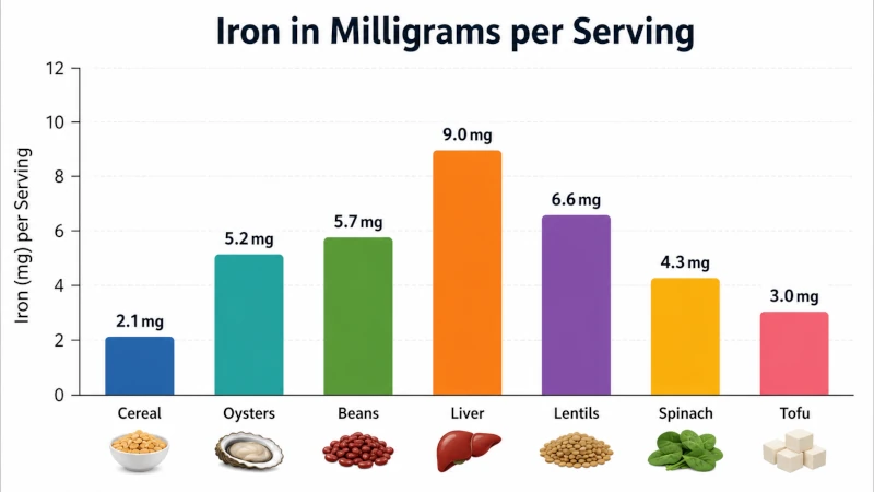 Bar chart of iron in milligrams per serving for cereal, oysters, beans, liver, lentils, spinach, and tofu.