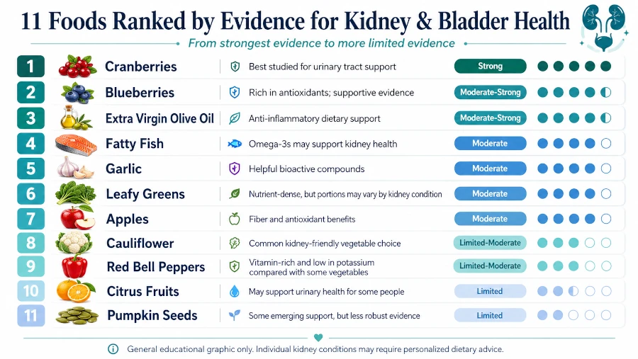 Chart ranking 11 foods by strength of evidence for kidney and bladder health.
