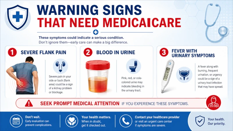 Warning signs that need medical care, including severe flank pain, blood in urine, and fever with urinary symptoms.