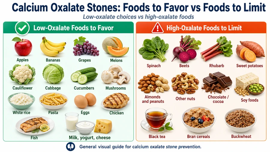 Side-by-side of low-oxalate foods to favor and high-oxalate foods to limit for calcium oxalate stones.