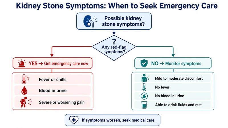 Simple decision-tree graphic showing kidney stone symptoms that require emergency care (fever, blood in urine, severe pain) versus symptoms manageable with monitoring.