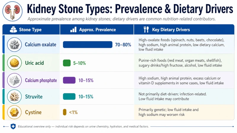 Chart comparing calcium oxalate, uric acid, calcium phosphate, struvite, and cystine kidney stone types by prevalence and dietary drivers.