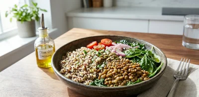 Lentils, chickpeas, and leafy greens in a balanced meal that supports overall diet quality.