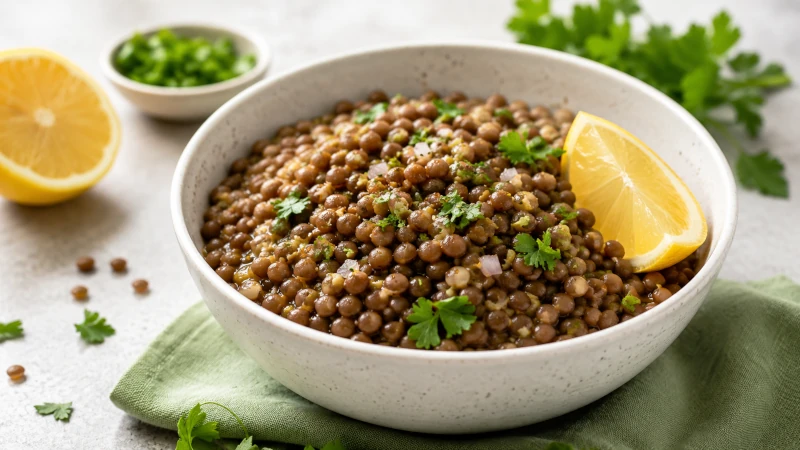 Bowl of lentils with a lemon wedge illustrating pairing iron with vitamin C