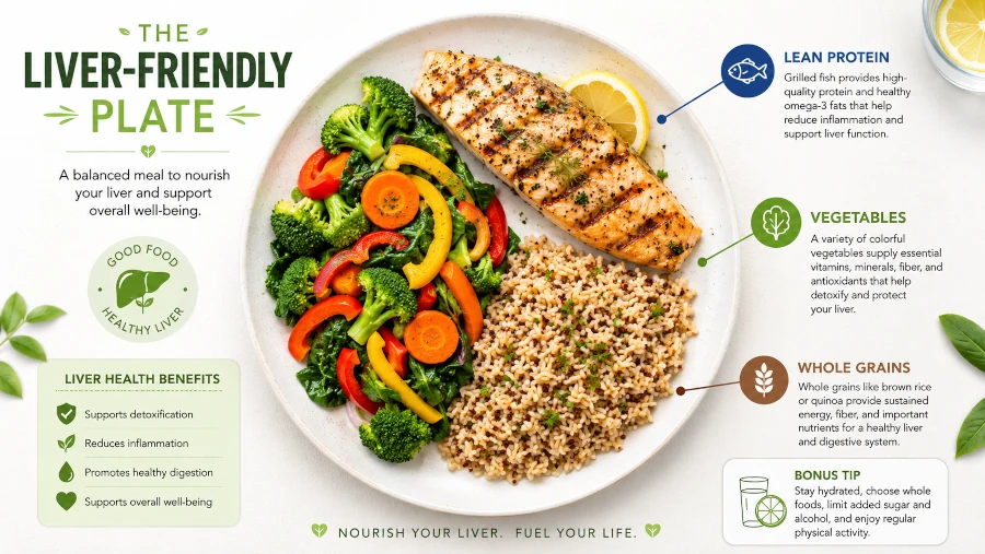 Diagram of a balanced liver-friendly plate with fish, vegetables, and whole grains.
