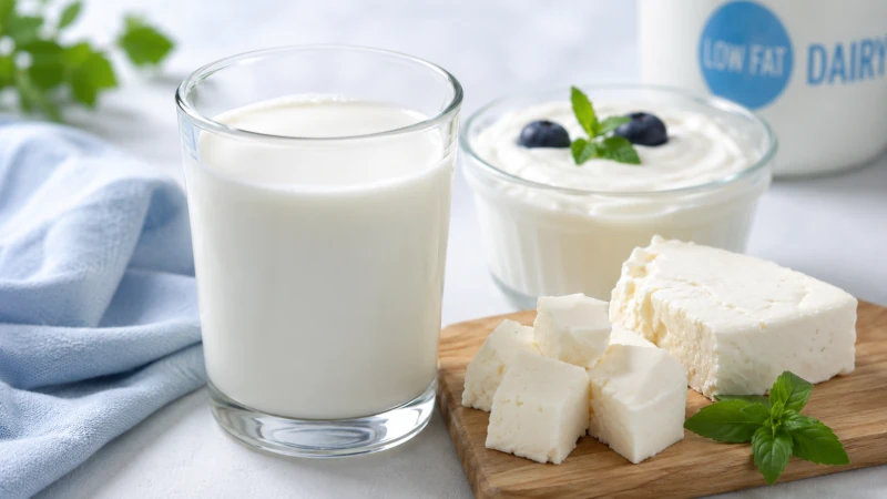 Glass of low-fat milk, yogurt, and low-fat cheese